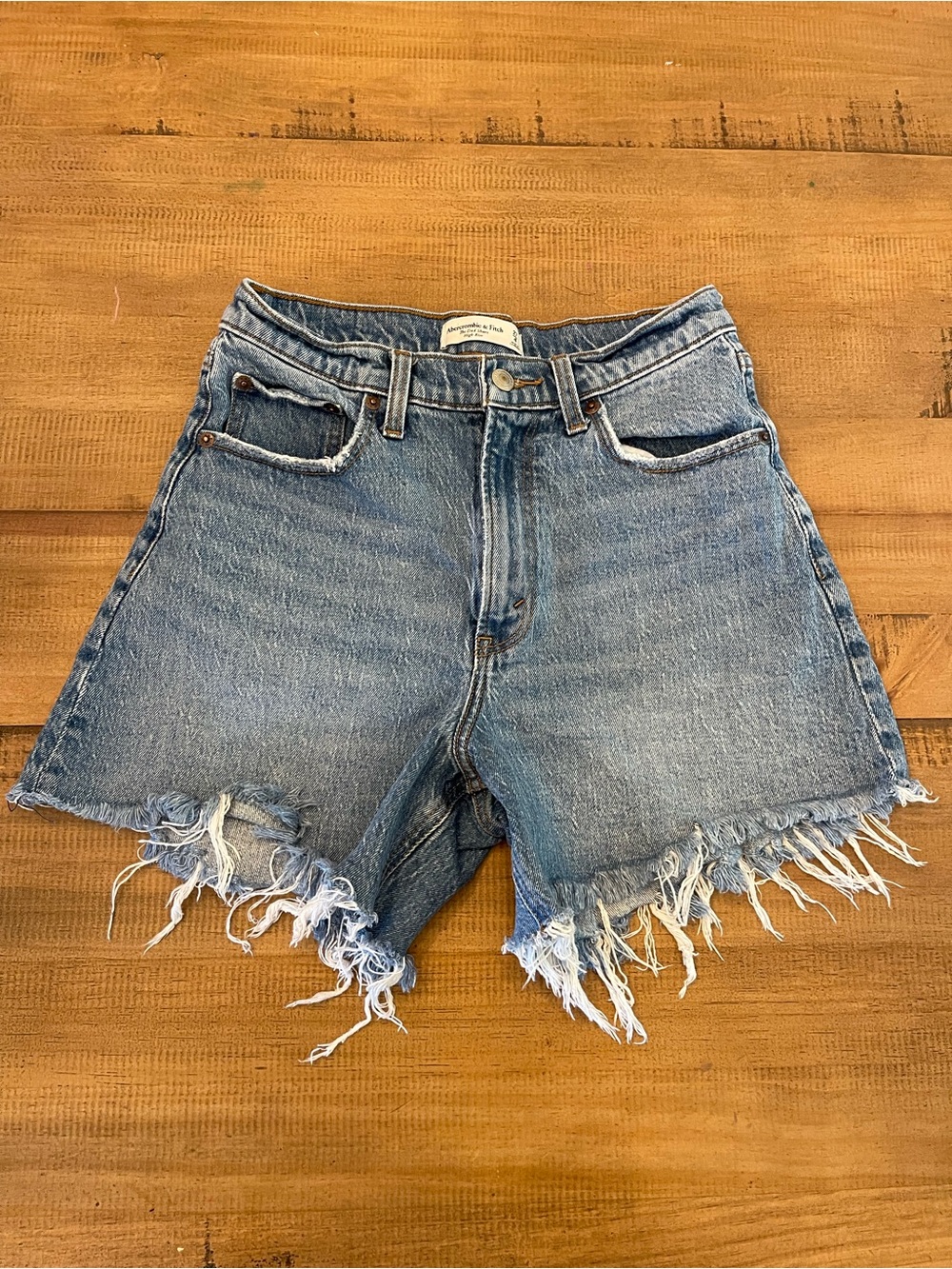 Abercrombie & Fitch Light Blue Distressed “The Dad Short”High Rise Denim Shorts